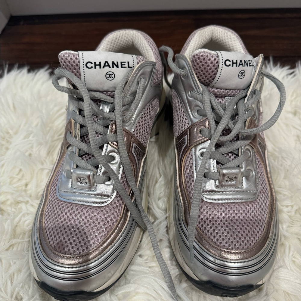 CHANEL Women's Metallic Silver and Pink Sneakers